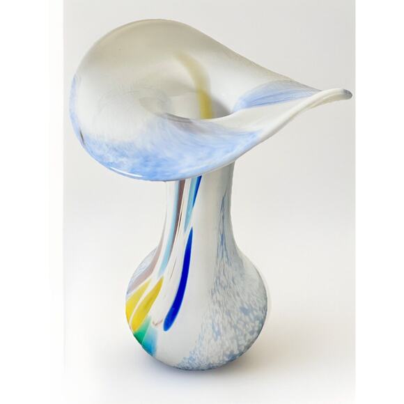 9.5” Blown Glass Tulip Flutter Vase Vintage Joska Germany White & Blue Swirl - Picture 1 of 7